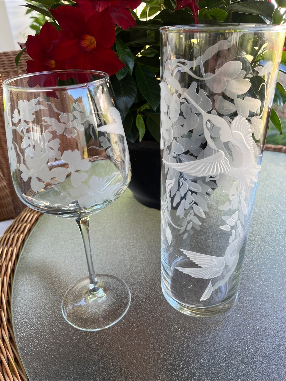 Etched Hummingbird Cylinder Glass Vase w/ Matching Wine Glass